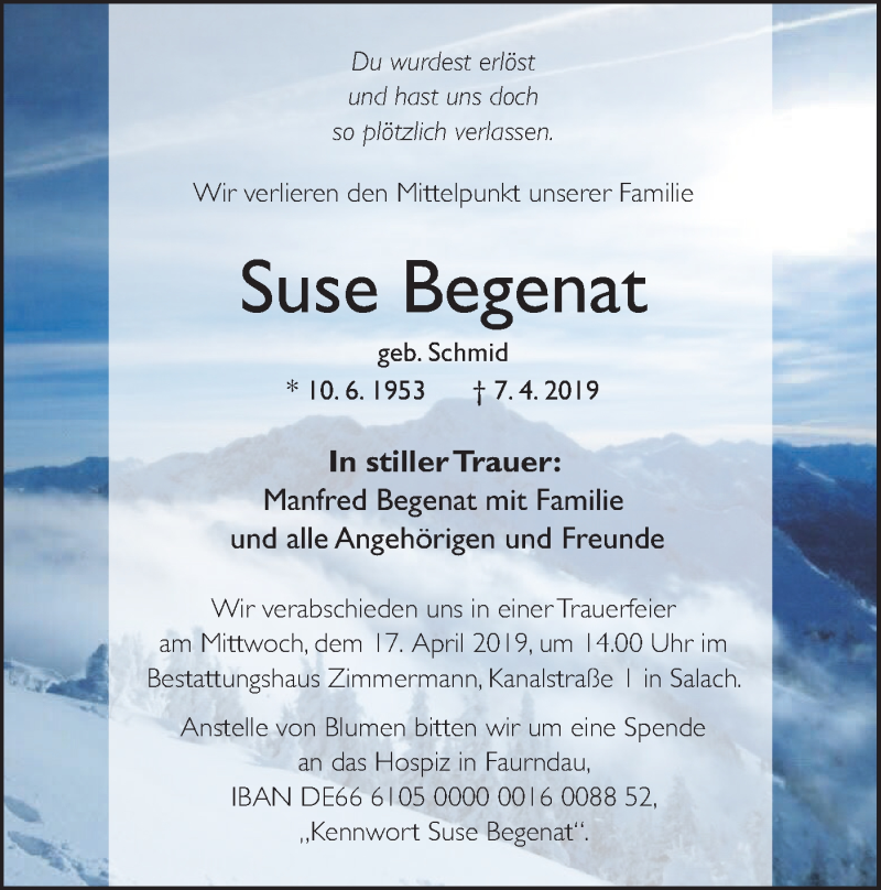  Traueranzeige für Suse Begenat vom 13.04.2019 aus NWZ Neue Württembergische Zeitung