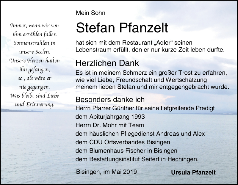  Traueranzeige für Stefan Pfanzelt vom 04.05.2019 aus Hohenzollerische Zeitung