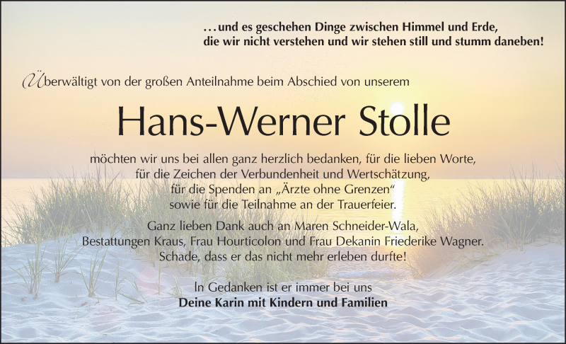  Traueranzeige für Hans-Werner Stolle vom 31.08.2019 aus Hohenloher Tagblatt