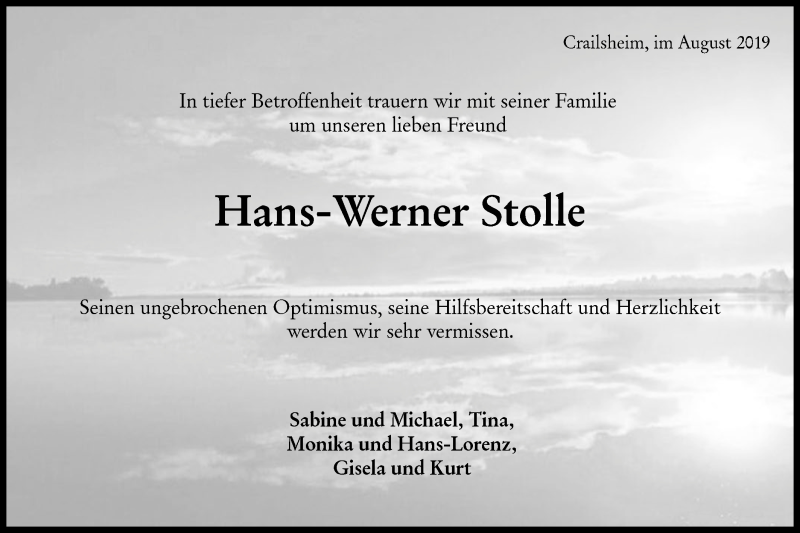  Traueranzeige für Hans-Werner Stolle vom 02.08.2019 aus Hohenloher Tagblatt