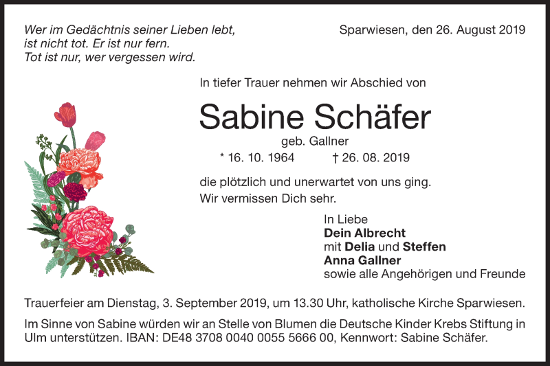  Traueranzeige für Sabine Schäfer vom 29.08.2019 aus NWZ Neue Württembergische Zeitung