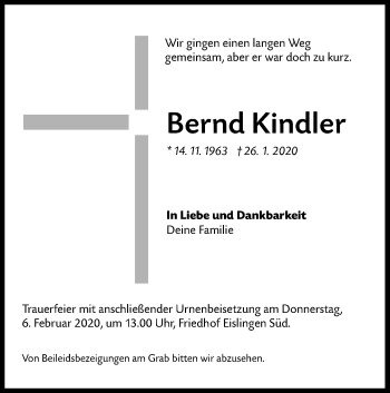 Traueranzeige von Bernd Kindler von NWZ Neue Württembergische Zeitung