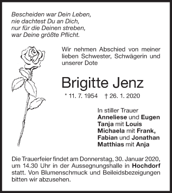 Traueranzeige von Brigitte Jenz von NWZ Neue Württembergische Zeitung