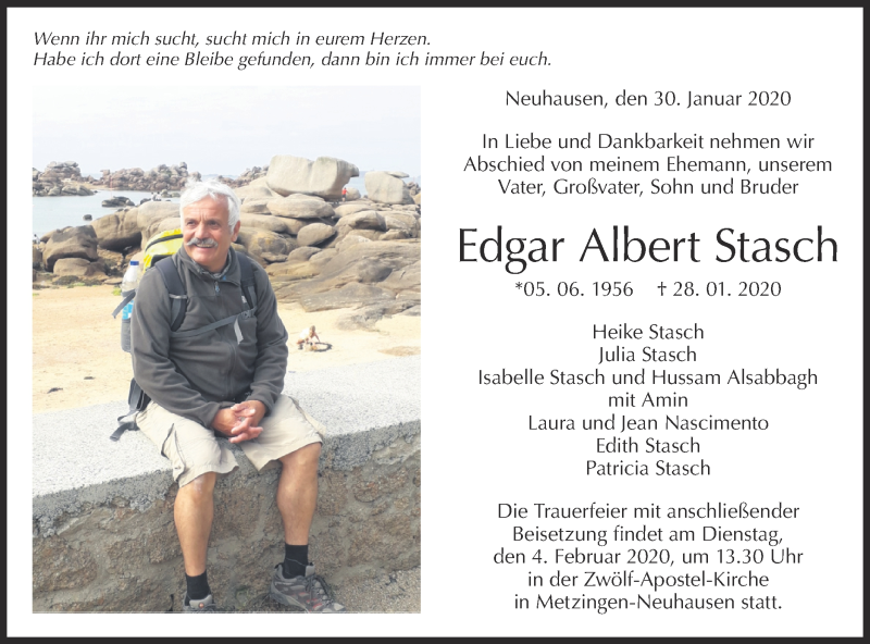  Traueranzeige für Edgar Albert Stasch vom 30.01.2020 aus Metzinger-Uracher Volksblatt