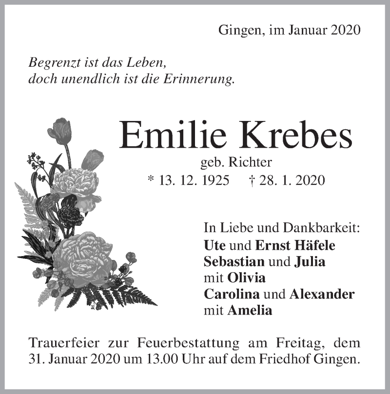  Traueranzeige für Emilie Krebes vom 30.01.2020 aus Geislinger Zeitung