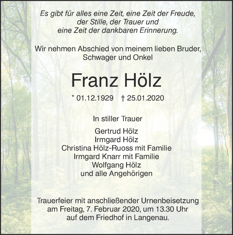  Traueranzeige für Franz Hölz vom 03.02.2020 aus SÜDWEST PRESSE Ausgabe Ulm/Neu-Ulm