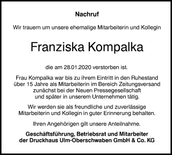 Traueranzeige von Franziska Kompalka von SÜDWEST PRESSE Ausgabe Ulm/Neu-Ulm