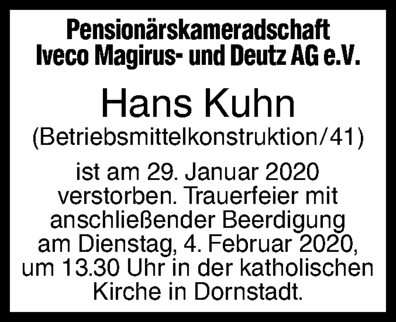  Traueranzeige für Hans Kuhn vom 01.02.2020 aus SÜDWEST PRESSE Ausgabe Ulm/Neu-Ulm