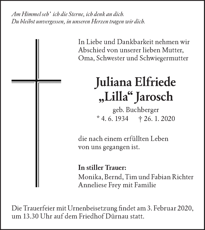  Traueranzeige für Juliana Elfriede  Jarosch vom 31.01.2020 aus NWZ Neue Württembergische Zeitung