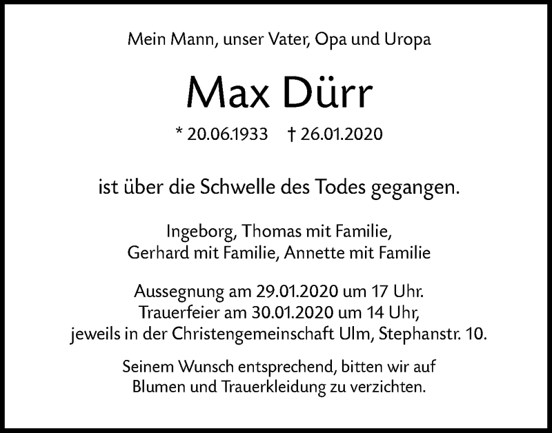  Traueranzeige für Max Dürr vom 29.01.2020 aus SÜDWEST PRESSE Ausgabe Ulm/Neu-Ulm