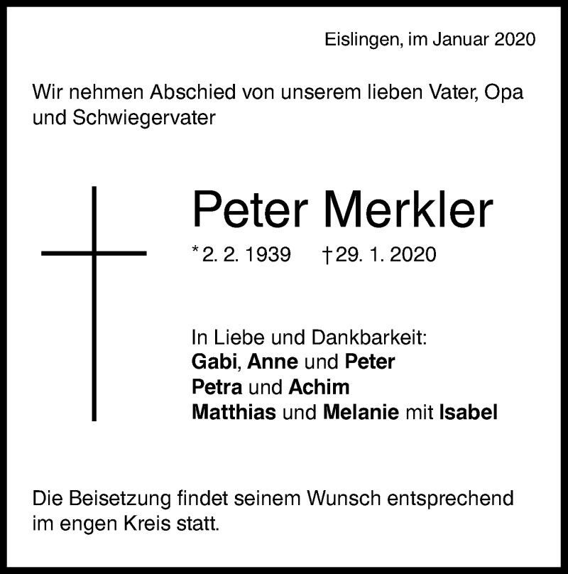  Traueranzeige für Peter Merkler vom 01.02.2020 aus NWZ Neue Württembergische Zeitung