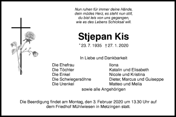 Traueranzeige von Stjepan Kis von Metzinger-Uracher Volksblatt