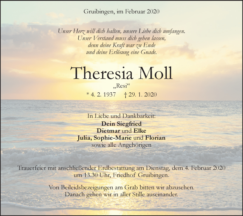 Traueranzeige für Theresia Moll vom 01.02.2020 aus NWZ Neue Württembergische Zeitung