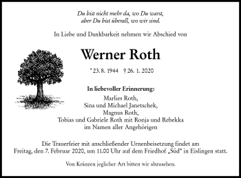 Traueranzeige von Werner Roth von NWZ Neue Württembergische Zeitung