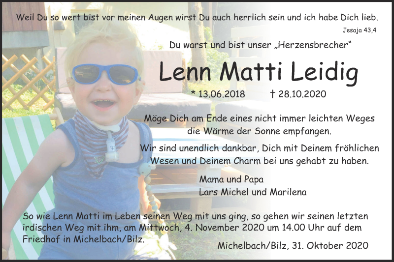  Traueranzeige für Lenn Matti Leidig vom 31.10.2020 aus Haller Tagblatt