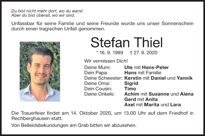  Traueranzeige für Stefan Thiel vom 07.10.2020 aus NWZ Neue Württembergische Zeitung