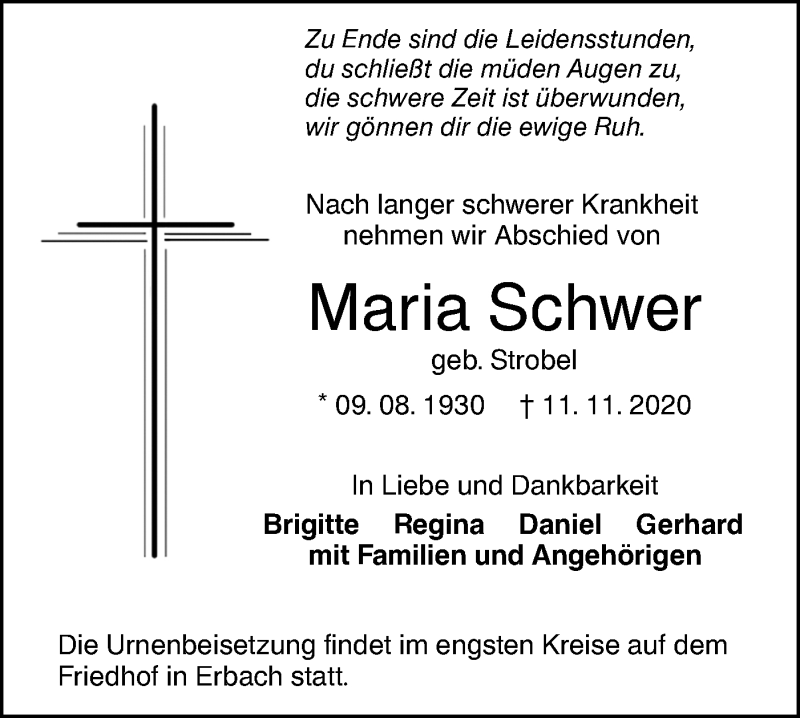  Traueranzeige für Maria Schwer vom 20.11.2020 aus SÜDWEST PRESSE Ausgabe Ulm/Neu-Ulm