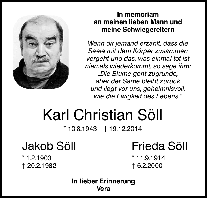  Traueranzeige für Karl Christian Söll vom 18.12.2020 aus SÜDWEST PRESSE