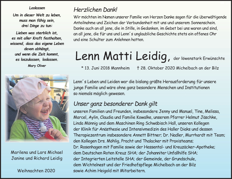  Traueranzeige für Lenn Matti Leidig vom 28.12.2020 aus Haller Tagblatt