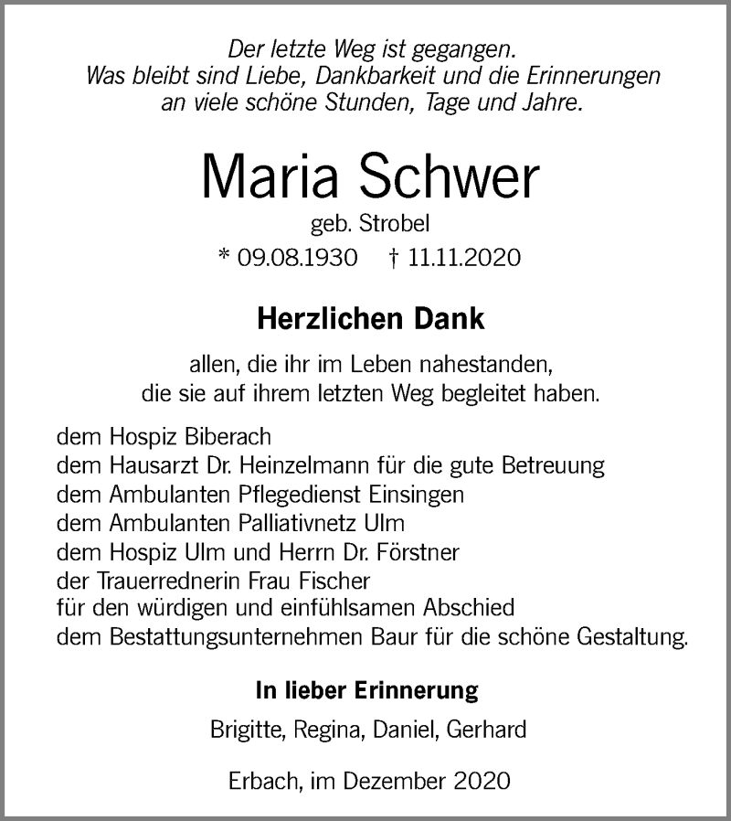  Traueranzeige für Maria Schwer vom 15.12.2020 aus SÜDWEST PRESSE Ausgabe Ulm/Neu-Ulm