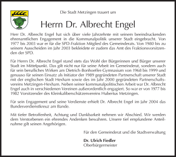 Traueranzeige von Albrecht Engel von Metzinger-Uracher Volksblatt