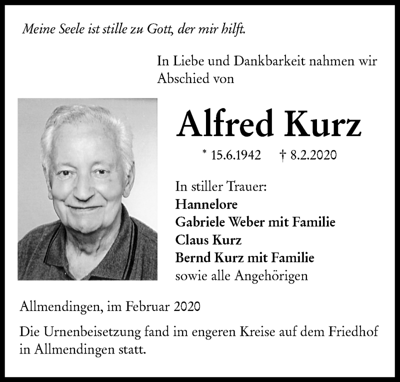  Traueranzeige für Alfred Kurz vom 02.03.2020 aus Ehinger Tagblatt