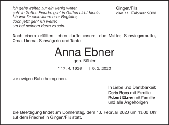 Traueranzeige von Anna Ebner von Geislinger Zeitung