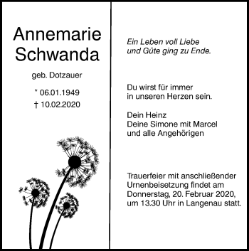 Traueranzeige von Annemarie Schwanda von SÜDWEST PRESSE Ausgabe Ulm/Neu-Ulm