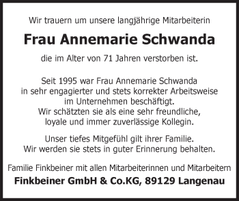 Traueranzeige von Annemarie Schwanda von SÜDWEST PRESSE Ausgabe Ulm/Neu-Ulm
