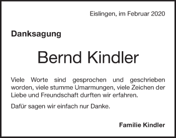 Traueranzeige von Bernd Kindler von NWZ Neue Württembergische Zeitung