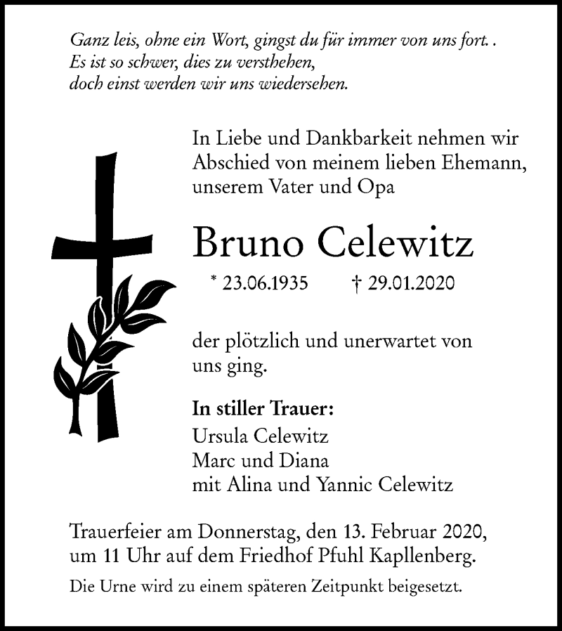  Traueranzeige für Bruno Celewitz vom 10.02.2020 aus SÜDWEST PRESSE Ausgabe Ulm/Neu-Ulm