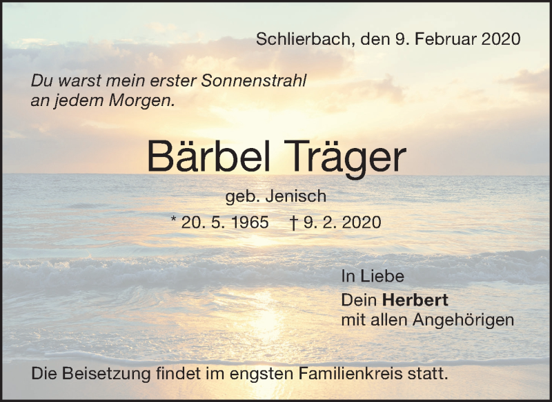  Traueranzeige für Bärbel Träger vom 13.02.2020 aus NWZ Neue Württembergische Zeitung