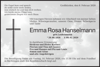 Traueranzeige von Emma Rosa Hanselmann von Hohenloher Tagblatt