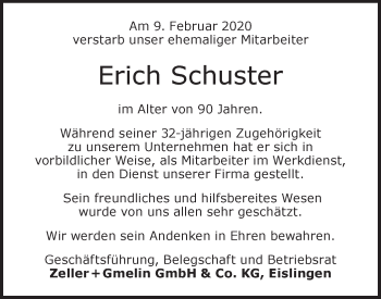 Traueranzeige von Erich Schuster von NWZ Neue Württembergische Zeitung