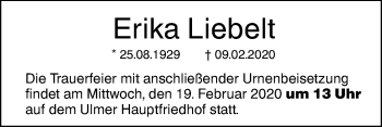 Traueranzeige von Erika Liebelt von SÜDWEST PRESSE Ausgabe Ulm/Neu-Ulm