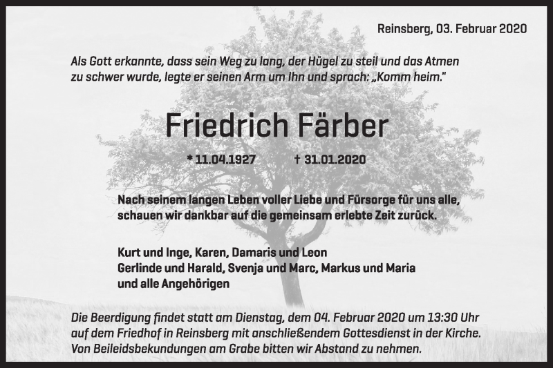  Traueranzeige für Friedrich Färber vom 03.02.2020 aus Haller Tagblatt