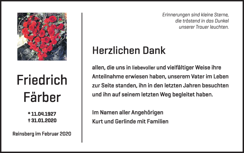 Traueranzeige für Friedrich Färber vom 29.02.2020 aus Haller Tagblatt