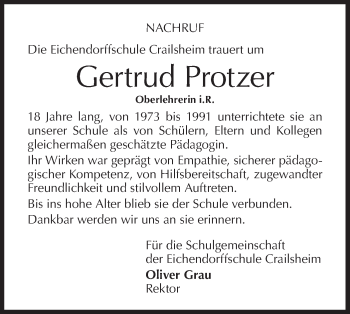 Traueranzeige von Gertrud Protzer von Hohenloher Tagblatt
