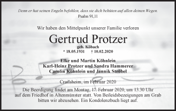 Traueranzeige von Gertrud Protzer von Hohenloher Tagblatt