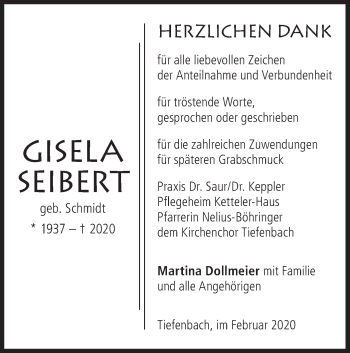 Traueranzeige von Gisela Seibert von Hohenloher Tagblatt