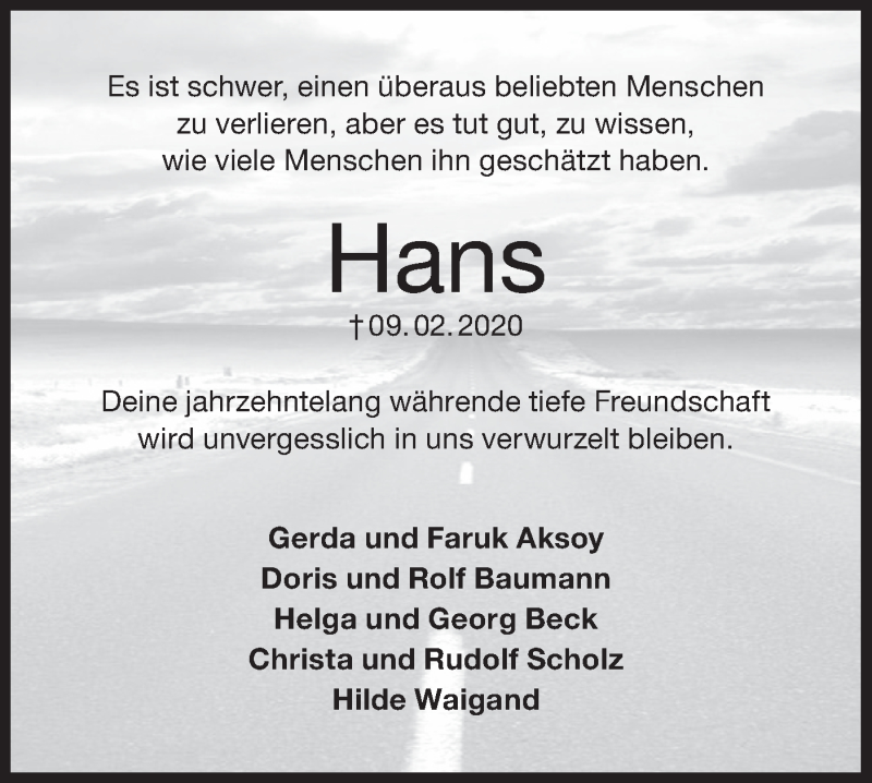 Traueranzeige für Hans  vom 11.02.2020 aus Hohenloher Tagblatt