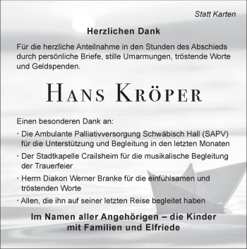 Traueranzeige von Hans Kröper von Hohenloher Tagblatt