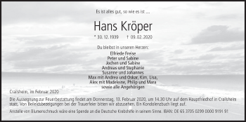 Traueranzeige von Hans Kröper von Hohenloher Tagblatt