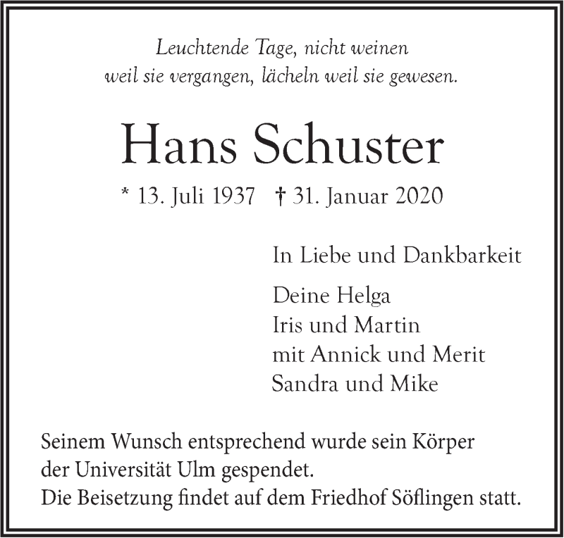  Traueranzeige für Hans Schuster vom 12.02.2020 aus SÜDWEST PRESSE Ausgabe Ulm/Neu-Ulm