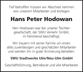 Traueranzeige von Hans Peter Hodowan von SÜDWEST PRESSE Ausgabe Ulm/Neu-Ulm