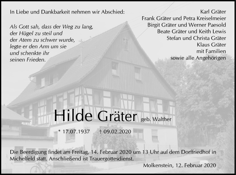  Traueranzeige für Hilde Gräter vom 12.02.2020 aus Haller Tagblatt