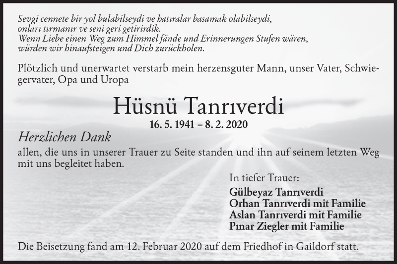  Traueranzeige für Hüsnü Tanriverdi vom 15.02.2020 aus Rundschau Gaildorf