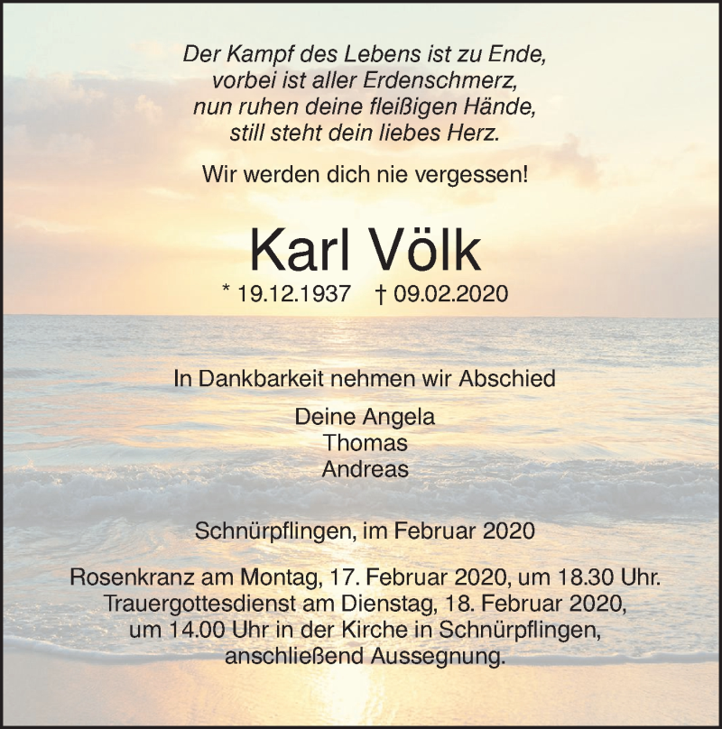  Traueranzeige für Karl Völk vom 15.02.2020 aus SÜDWEST PRESSE Ausgabe Ulm/Neu-Ulm