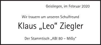 Traueranzeige von Klaus Ziegler von Geislinger Zeitung