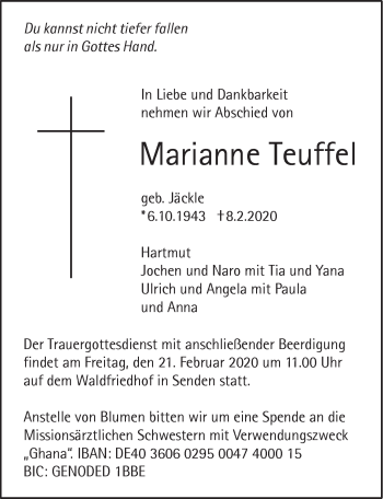 Traueranzeige von Marianne Teuffel von SÜDWEST PRESSE Ausgabe Ulm/Neu-Ulm